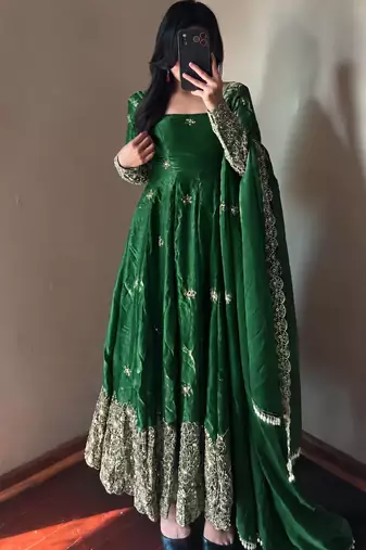 dark green color sequin embroidery silk blend gown set