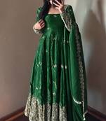 dark green color sequin embroidery silk blend gown set