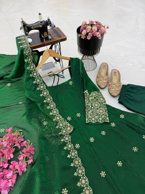dark green color sequin embroidery silk blend gown set 2