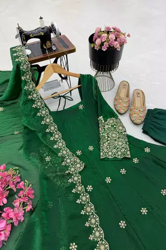 dark green color sequin embroidery silk blend gown set
