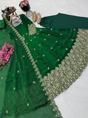 dark green color sequin embroidery silk blend gown set 3
