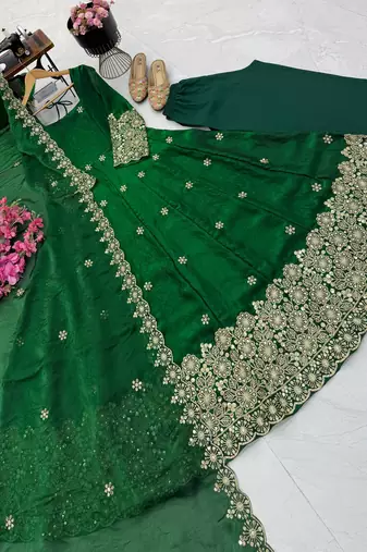 dark green color sequin embroidery silk blend gown set