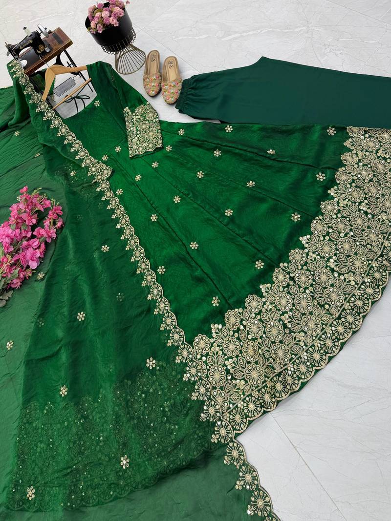 dark green color sequin embroidery silk blend gown set