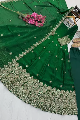 dark green color sequin embroidery silk blend gown set
