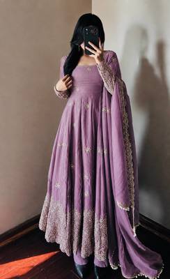 lavender color sequin embroidery silk blend gown set 1