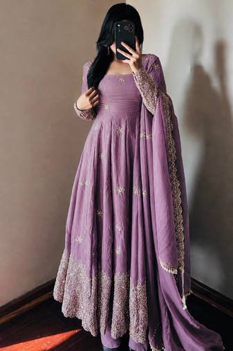 lavender color sequin embroidery silk blend gown set