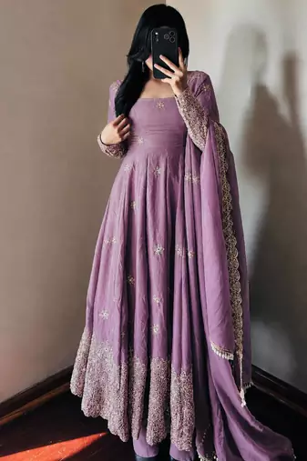 lavender color sequin embroidery silk blend gown set