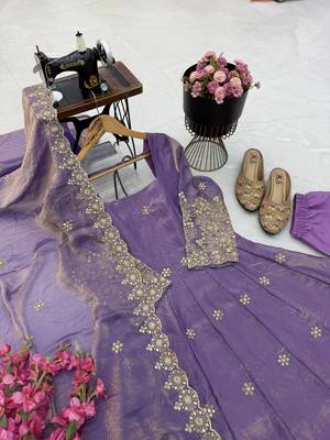 lavender color sequin embroidery silk blend gown set 2