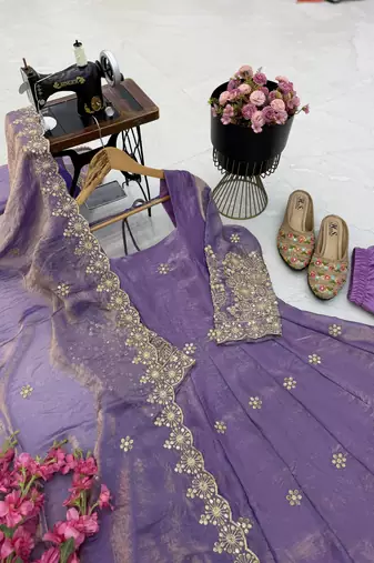 lavender color sequin embroidery silk blend gown set