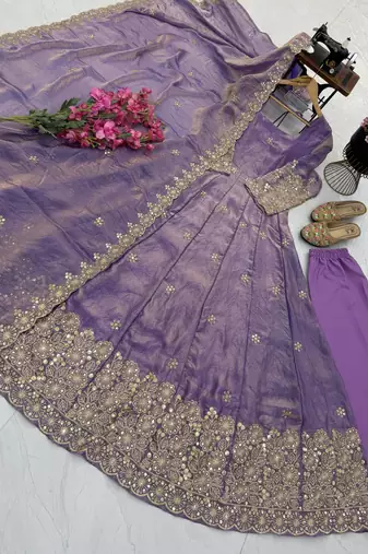 lavender color sequin embroidery silk blend gown set