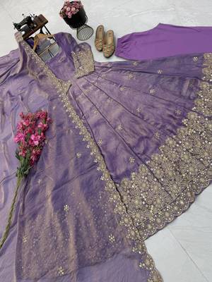 lavender color sequin embroidery silk blend gown set 4