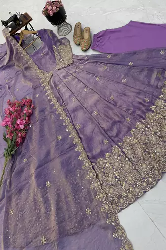 lavender color sequin embroidery silk blend gown set