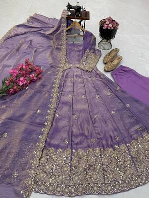 lavender color sequin embroidery silk blend gown set 5