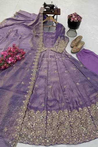 lavender color sequin embroidery silk blend gown set