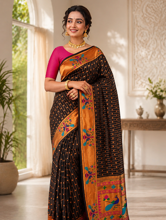 black color rich weaved pallu along polka design zari silk blend saree