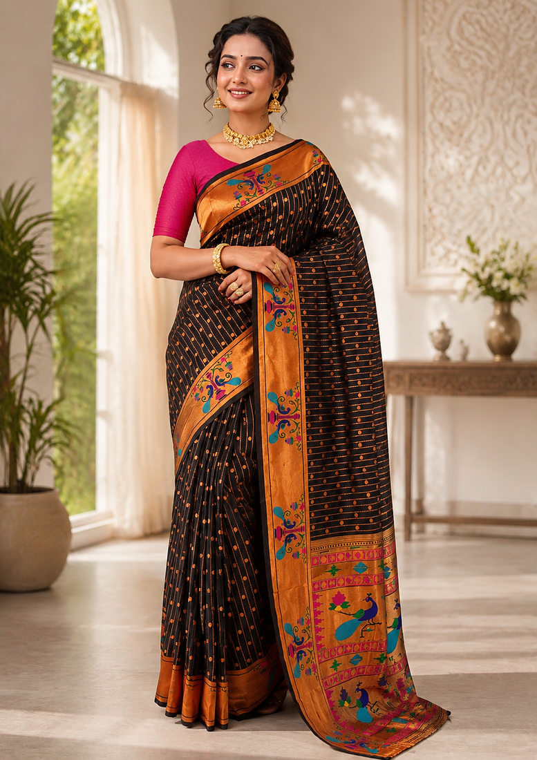 black color rich weaved pallu along polka design zari silk blend saree
