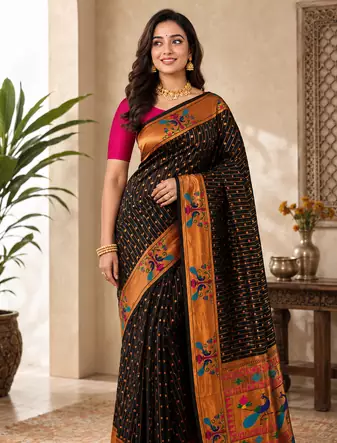 black color rich weaved pallu along polka design zari silk blend saree