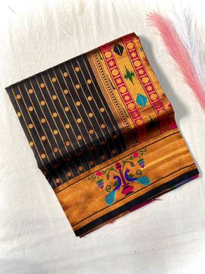 black color rich weaved pallu along polka design zari silk blend saree 4