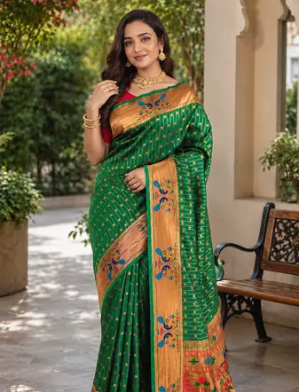emerald green color rich weaved pallu along polka design zari silk blend saree