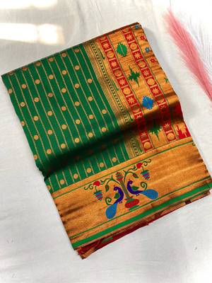 emerald green color rich weaved pallu along polka design zari silk blend saree 4