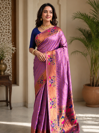 lavender color rich weaved pallu along polka design zari silk blend saree