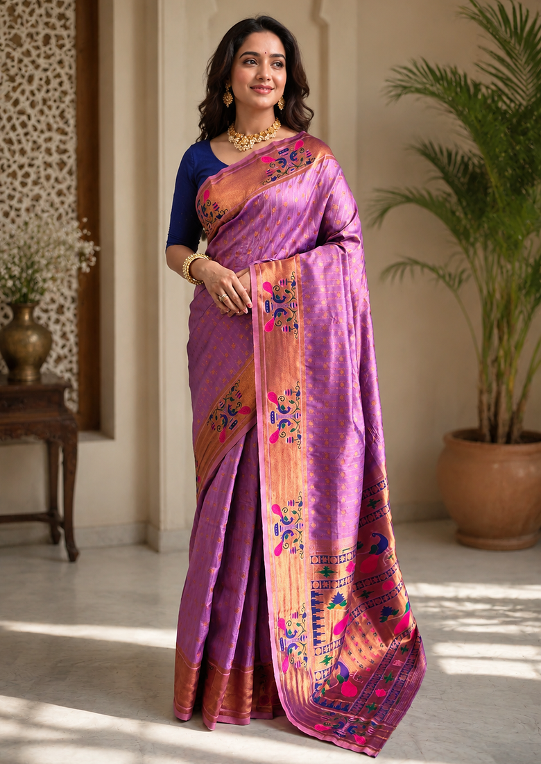 lavender color rich weaved pallu along polka design zari silk blend saree