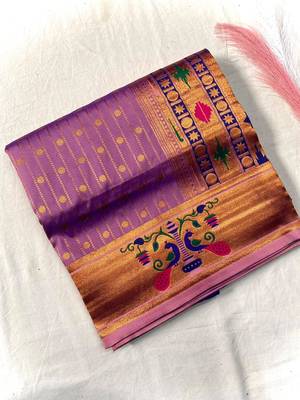 lavender color rich weaved pallu along polka design zari silk blend saree 4