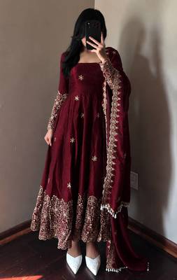 maroon color sequin embroidery silk blend gown set 1