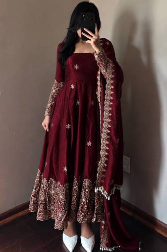 maroon color sequin embroidery silk blend gown set