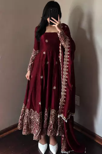 maroon color sequin embroidery silk blend gown set