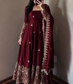 maroon color sequin embroidery silk blend gown set