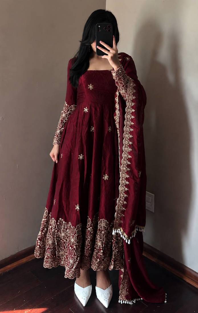 maroon color sequin embroidery silk blend gown set
