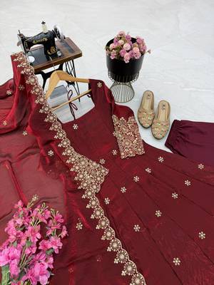 maroon color sequin embroidery silk blend gown set 2