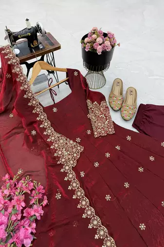 maroon color sequin embroidery silk blend gown set