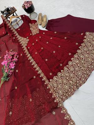 maroon color sequin embroidery silk blend gown set 3