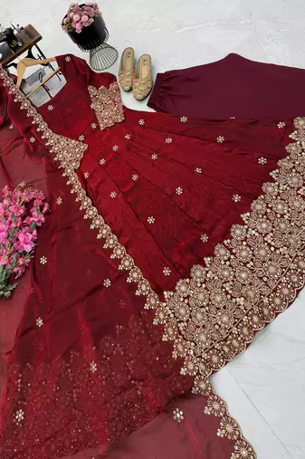 maroon color sequin embroidery silk blend gown set
