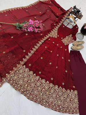 maroon color sequin embroidery silk blend gown set 4