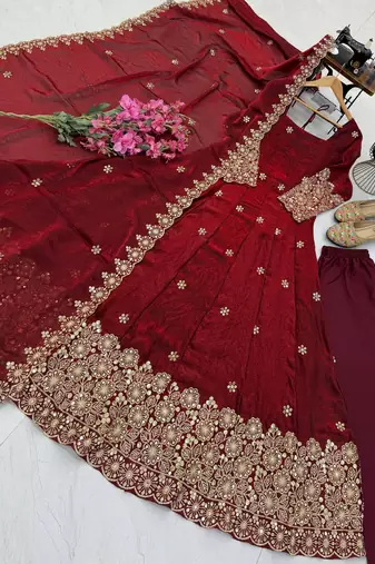 maroon color sequin embroidery silk blend gown set