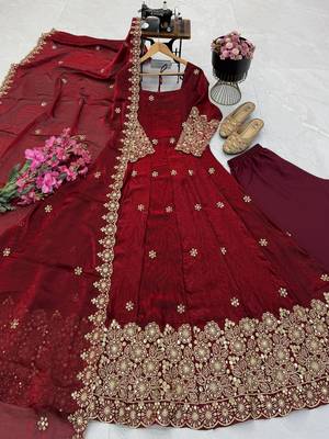 maroon color sequin embroidery silk blend gown set 5