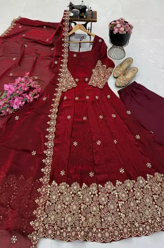 maroon color sequin embroidery silk blend gown set
