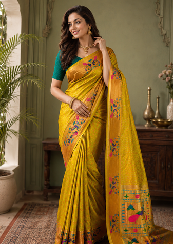 mustard yellow color rich weaved pallu along polka design zari silk blend saree