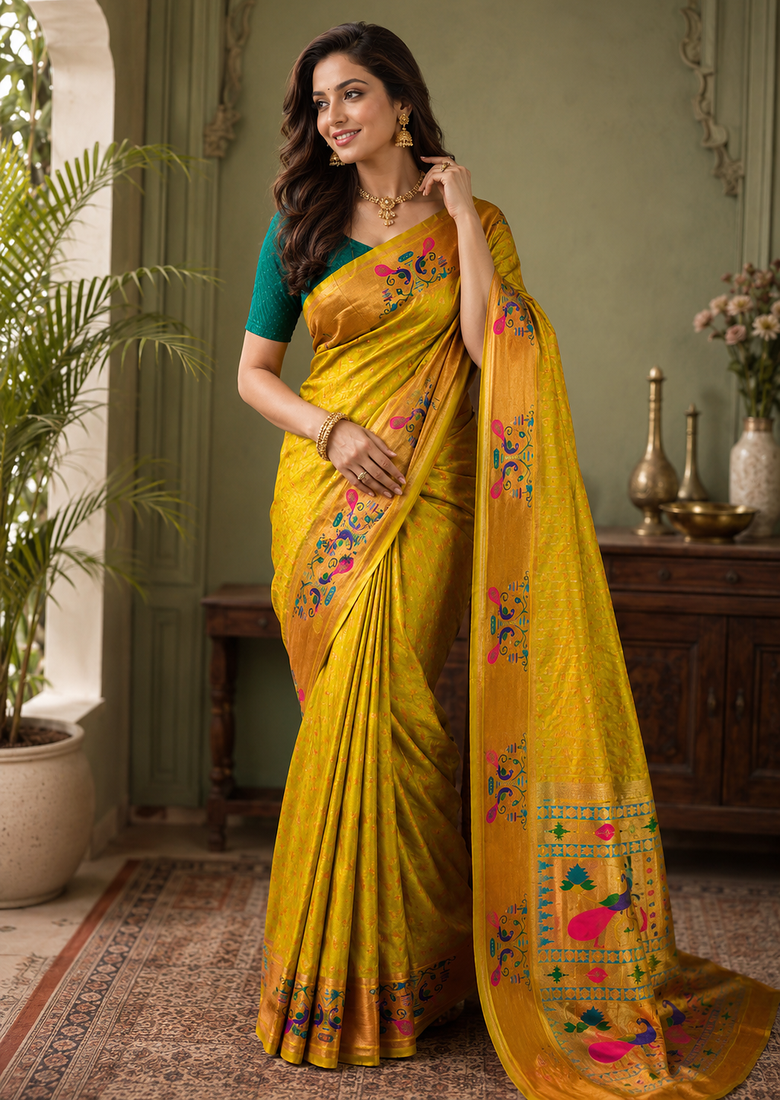 mustard yellow color rich weaved pallu along polka design zari silk blend saree