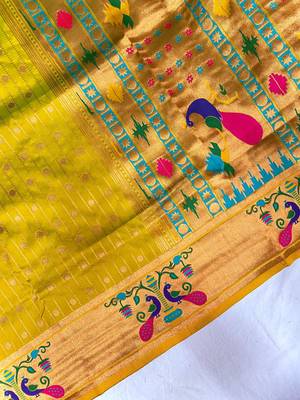 mustard yellow color rich weaved pallu along polka design zari silk blend saree 3