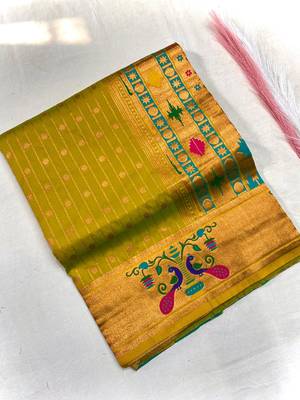 mustard yellow color rich weaved pallu along polka design zari silk blend saree 4