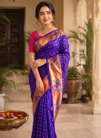 purple color rich weaved pallu along polka design zari silk blend saree