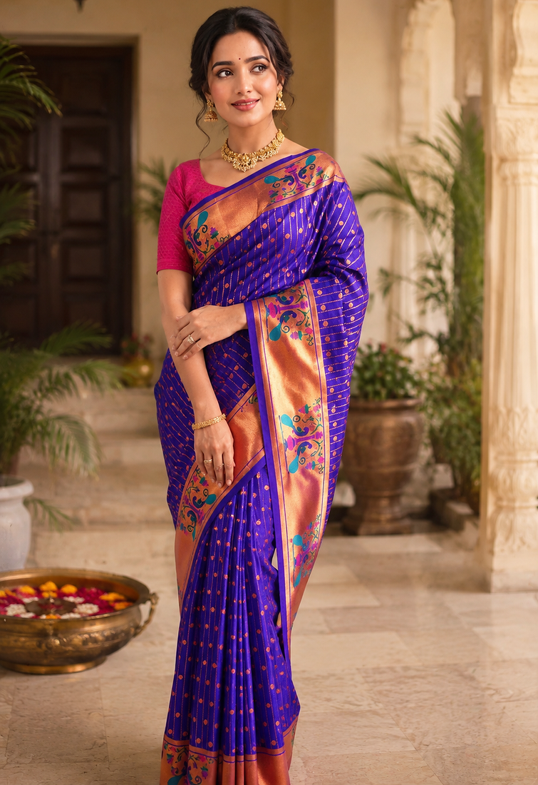 purple color rich weaved pallu along polka design zari silk blend saree