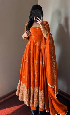 orange color sequin embroidery silk blend gown set 1
