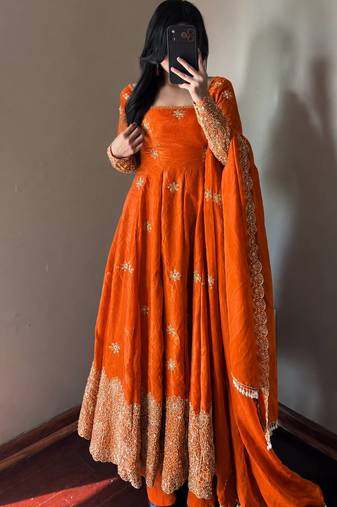 orange color sequin embroidery silk blend gown set