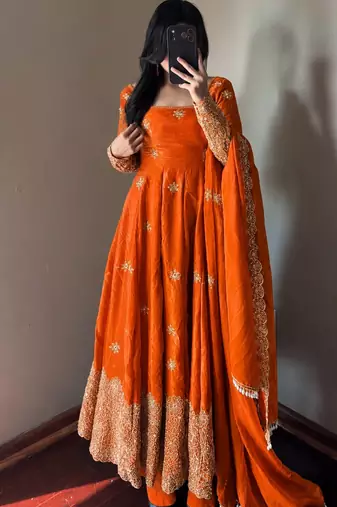 orange color sequin embroidery silk blend gown set