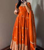 orange color sequin embroidery silk blend gown set